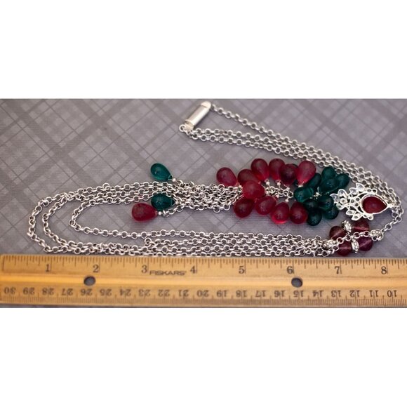 26 inch, Vintage Green & Red Beads Silver Tone Multistrand Necklace - G50 - Picture 3 of 3